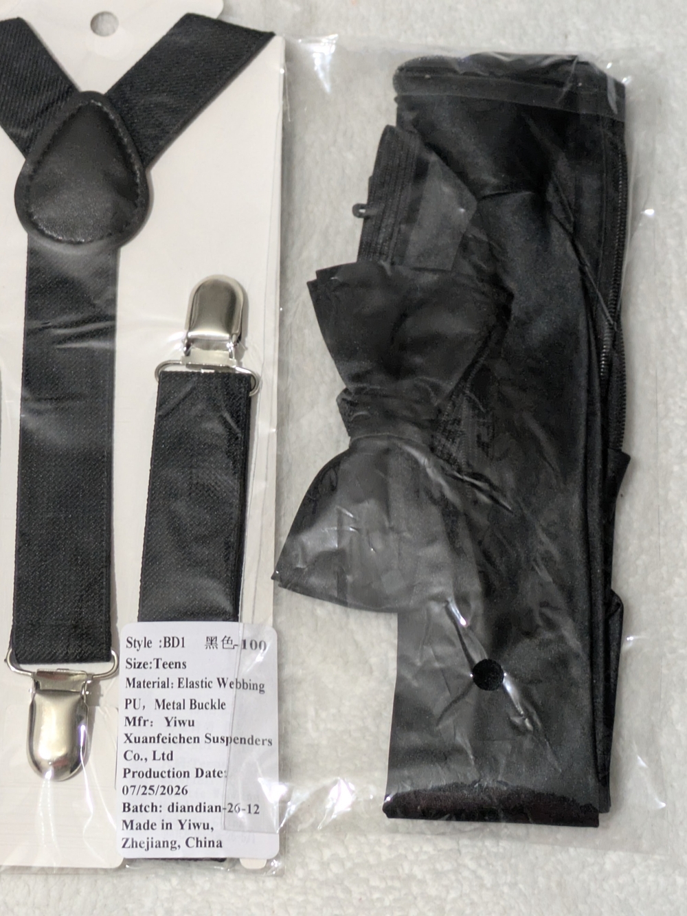 New Teen/Youth Black Suspenders, Pre-Tied Bow Tie, and Necktie 3-Piece Set